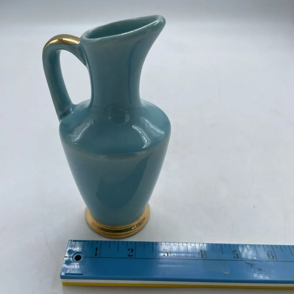 Vintage American Art Pottery Blue with Gold Gilt 7” Pitcher Vase Signed USA 210